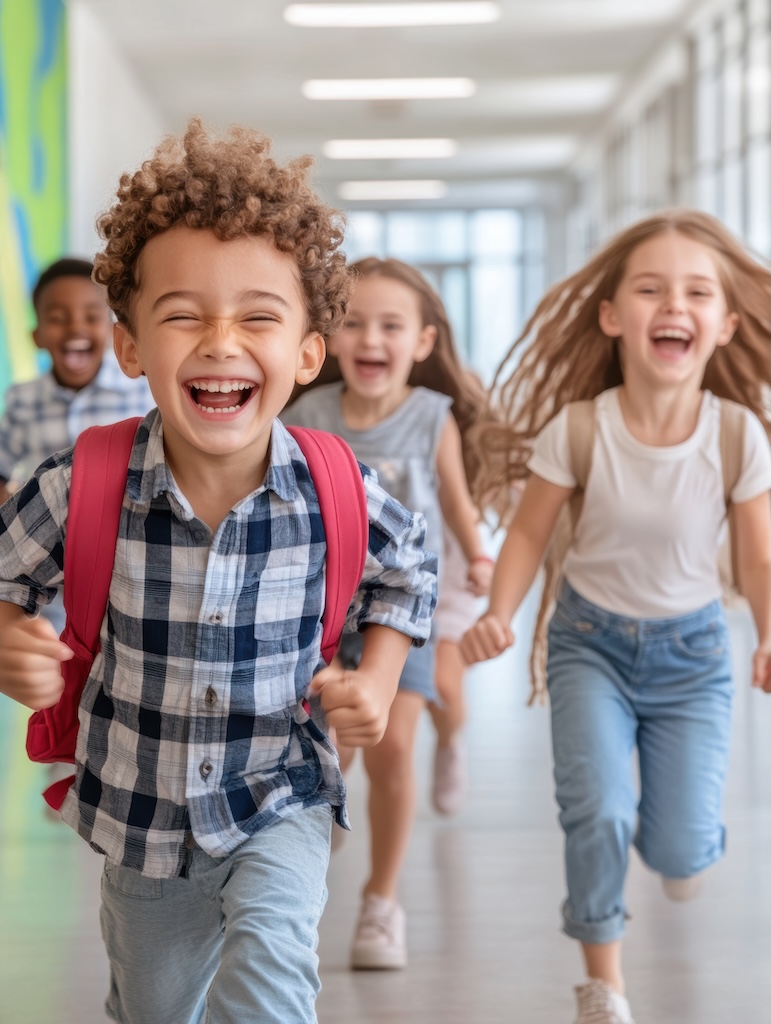 elementary students running and smiling in the hallway